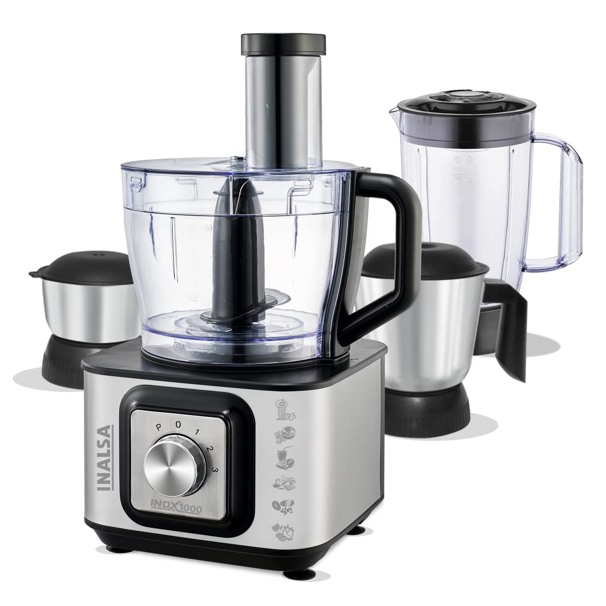 Inalsa INOX 1000 1000W Food Processor with Blender Jar,304 Grade SS Dry Grinding,Chutney Jar,12 Accessories,Centrifugal & Citrus Juicer,(Black/Silver) - Mahajan Electronics Online