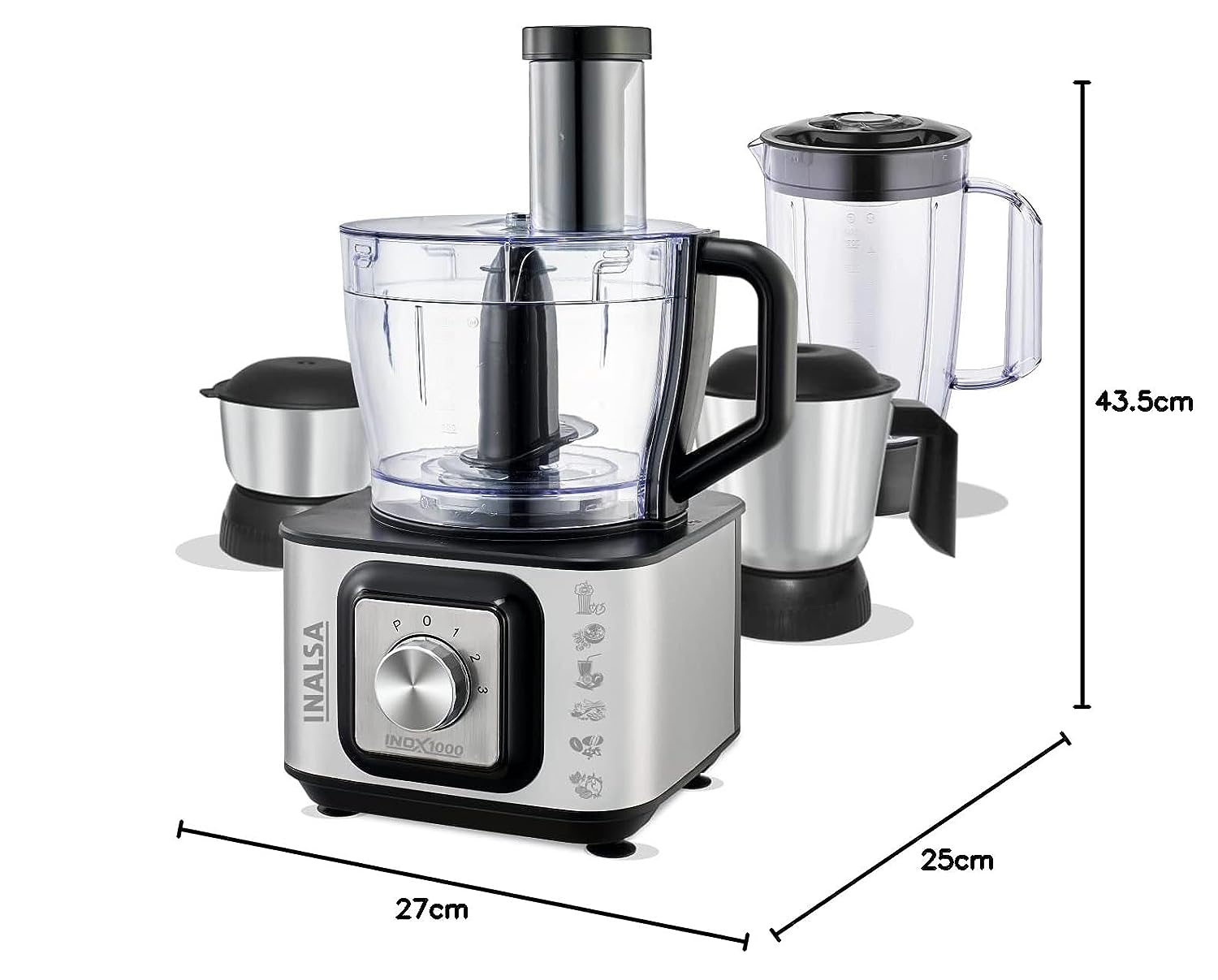 Inalsa INOX 1000 1000W Food Processor with Blender Jar,304 Grade SS Dry Grinding,Chutney Jar,12 Accessories,Centrifugal & Citrus Juicer,(Black/Silver) - Mahajan Electronics Online