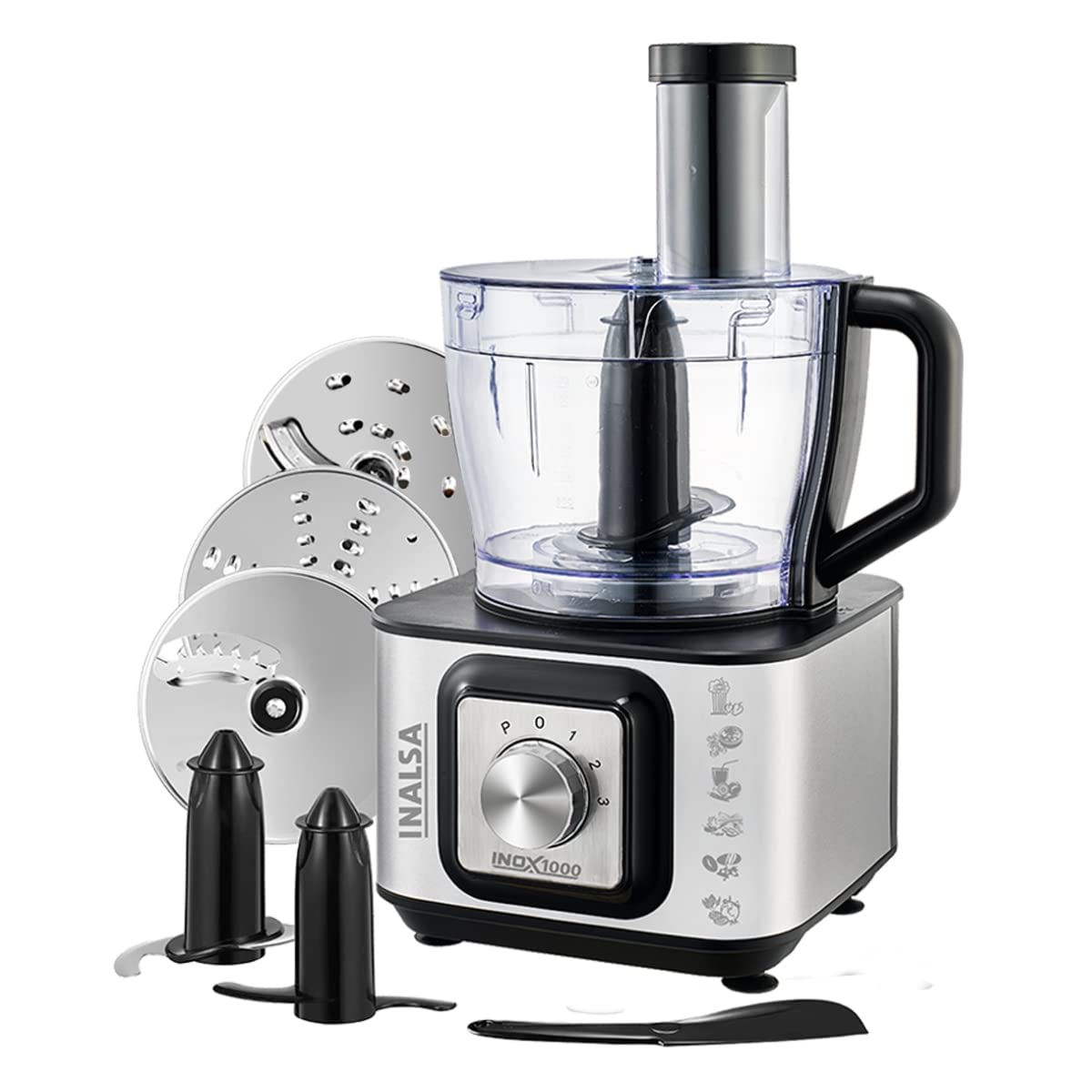 Inalsa INOX 1000 1000W Food Processor with Blender Jar,304 Grade SS Dry Grinding,Chutney Jar,12 Accessories,Centrifugal & Citrus Juicer,(Black/Silver) - Mahajan Electronics Online