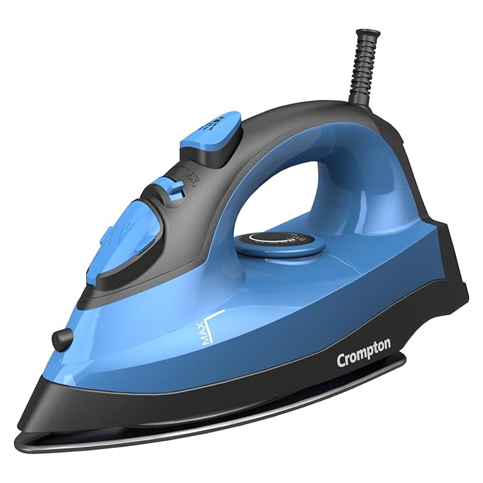 Crompton Fabrimagic Neo 1200 W Steam Iron with 180 ml water tank, Upto 15g /min Steam Output with Vertical Steaming and Non-Stick Soleplate (Blue), 6 Fabric Settings. Mahajan Electronics Online