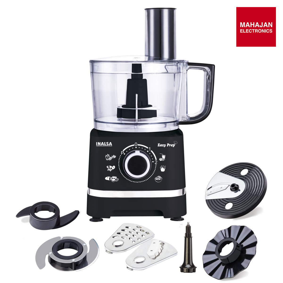 Inalsa Easy Prep 800W Food Processor with 1.4L Bowl, Atta Kneader, Chopper, Whisker & 7 Accessories – Black INALSA – Mahajan Electronics Online.