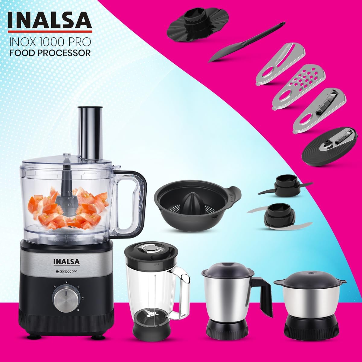 Inalsa Inox 1000 Pro Food Processor | 1000 Watts | 2.5L Bowl Capacity | Multi-Function | Black | 24 Months Warranty