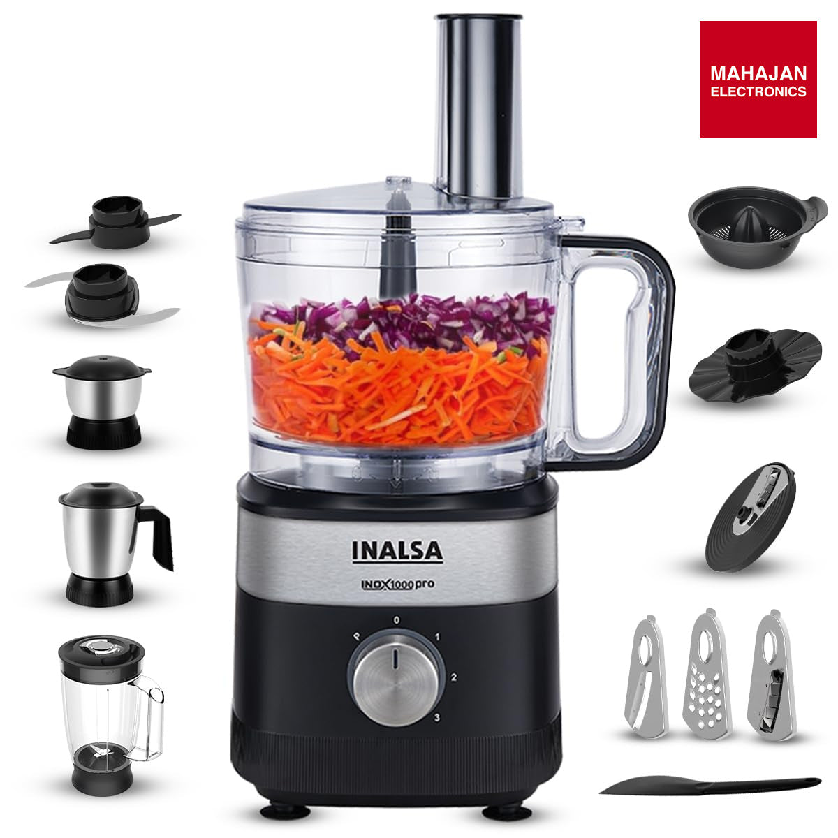 Inalsa Inox 1000 Pro Food Processor for Kitchen | 1000W Copper Motor | Mixer Grinder Juicer | 2.5L Processing Bowl | Chopping, Kneading, Slicing, Whisking, French Fries Cutter, Citrus Juicer INALSA – Mahajan Electronics Online.
