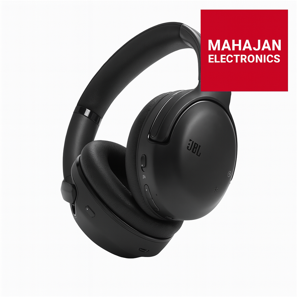 Black headphones with JBL logo on a white background, featuring Mahajan Electronics logo.