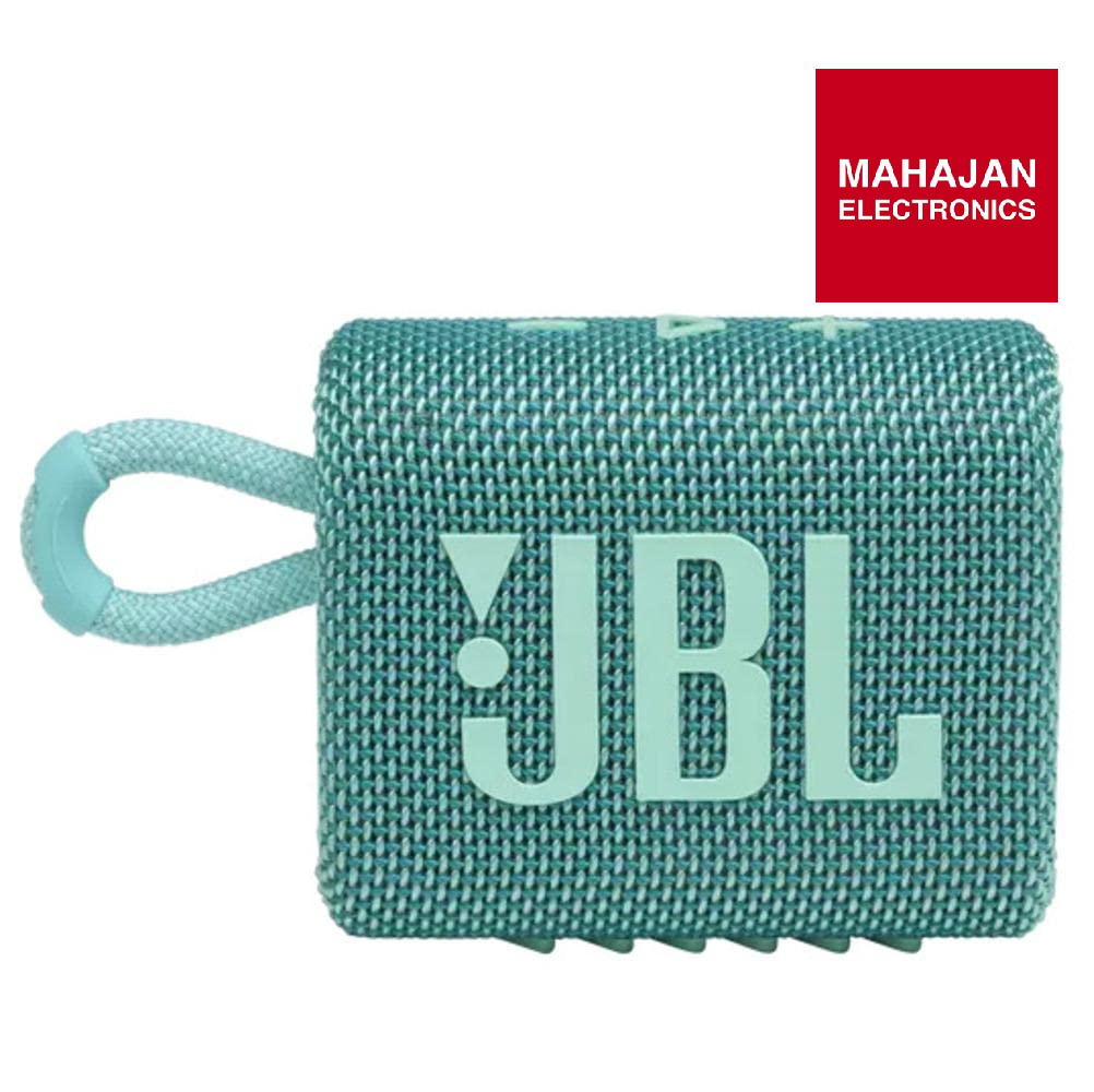Teal JBL speaker with 'Mahajan Electronics' logo on a white background