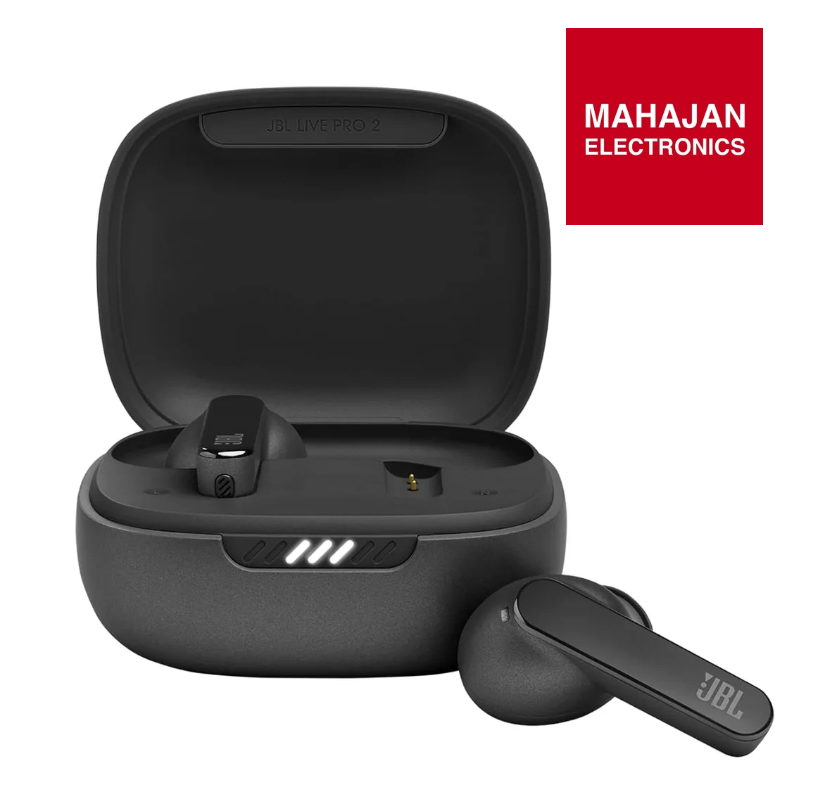 Black wireless earbuds with charging case on a white background, featuring Mahajan Electronics logo.