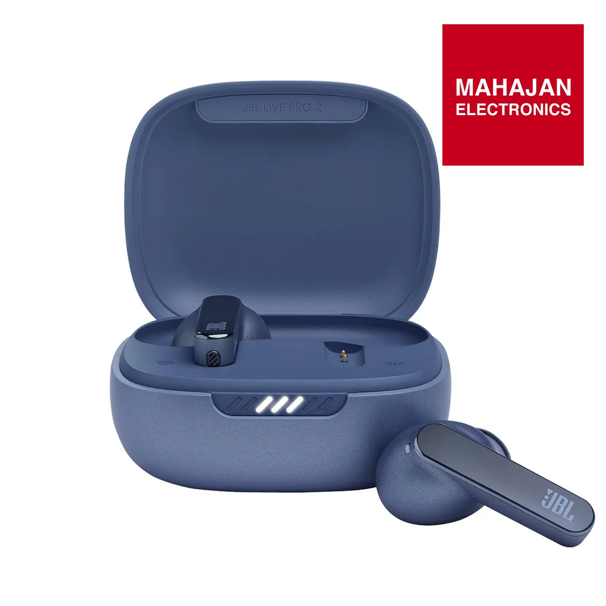 Blue wireless earbuds in a charging case with JBL branding on a white background, featuring Mahajan Electronics logo.