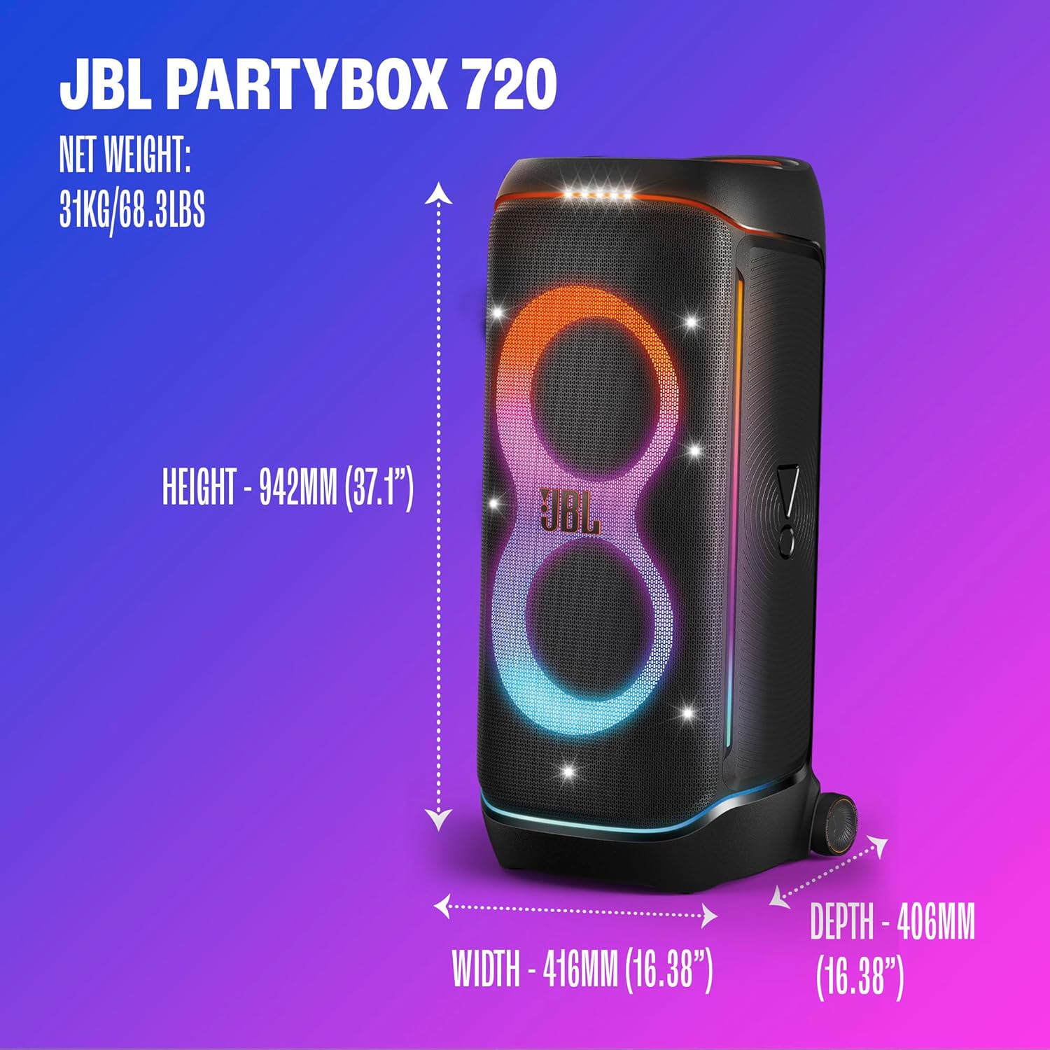 JBL PartyBox 720 - Loudest Battery-Powered Party Speaker with Superior Pro Sound and a Futuristic lightshow, – Mahajan Electronics Online.