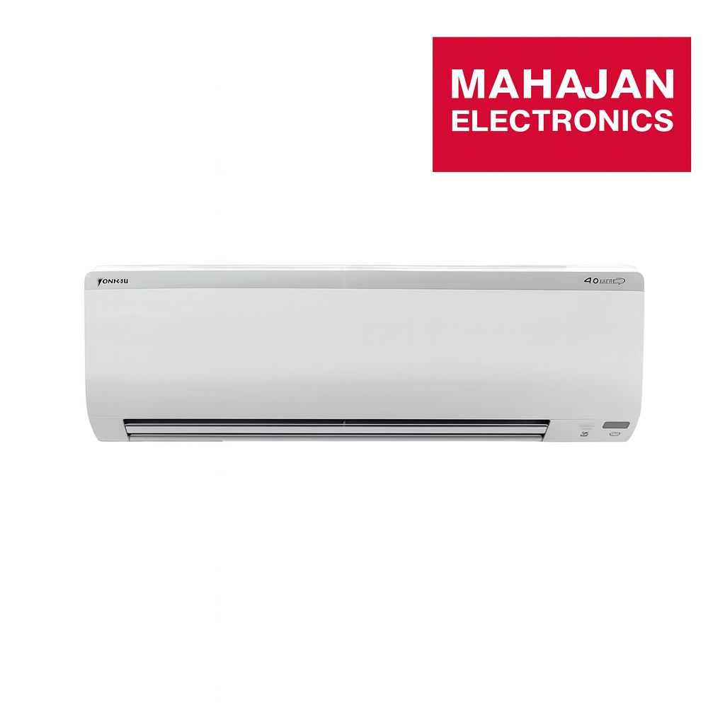 White air conditioner with Mahajan Electronics logo on a white background