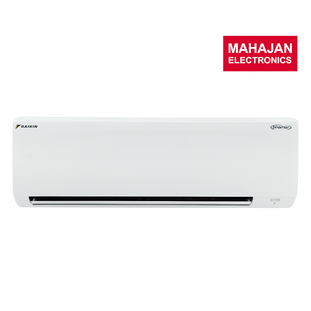 White air conditioner with Mahajan Electronics logo on a white background