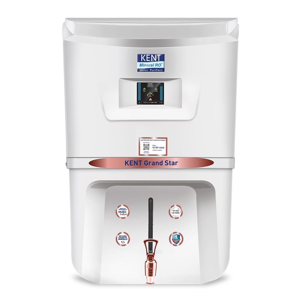 KENT Grand Star RO Water Purifier white | RO+UV+UF+Alkaline+Copper+TDS Control+UV LED Tank | .0001 Micron RO Membrane | Auto Flush Feature | 9L Tank | 20 LPH | Ideal for Borewell/Tanker/Municipal Water Mahajan Electronics online