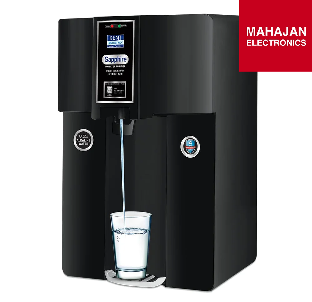 Black water purifier dispensing water into a glass with 'Mahajan Electronics' branding.