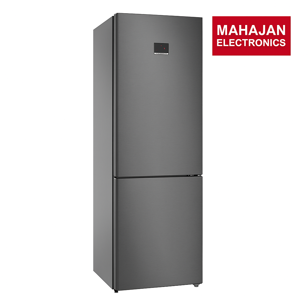 Gray refrigerator with Mahajan Electronics logo on a white background