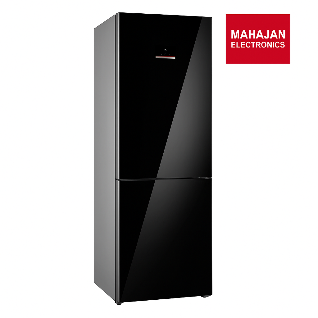 Black refrigerator with Mahajan Electronics logo on a white background