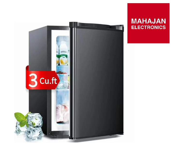 Black mini refrigerator with open door showing drinks, labeled '3 Cu.ft', on a white background with Mahajan Electronics logo.