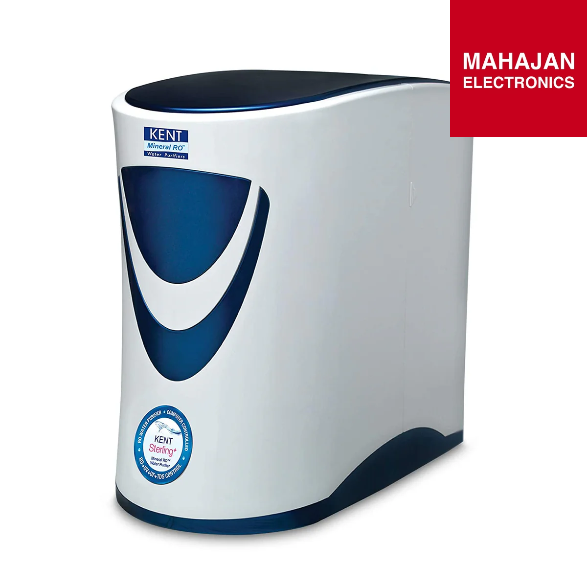 White and blue water purifier with Kent logo on a white background, featuring Mahajan Electronics branding.