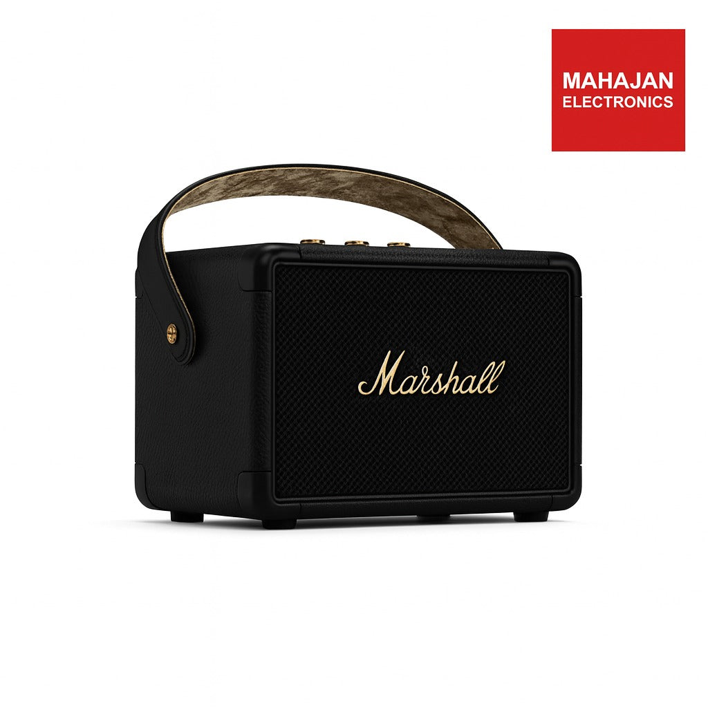 Black Marshall speaker with gold logo on a white background, featuring the Mahajan Electronics brand.