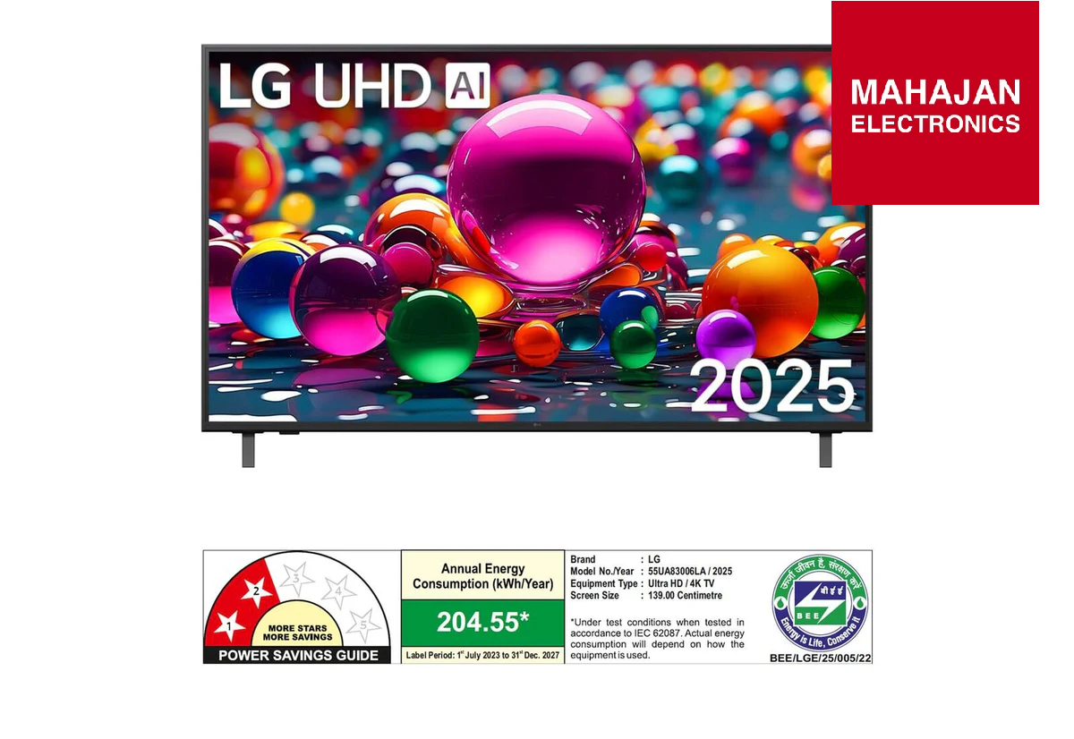 LG UHD AI television with colorful display and Mahajan Electronics branding.
