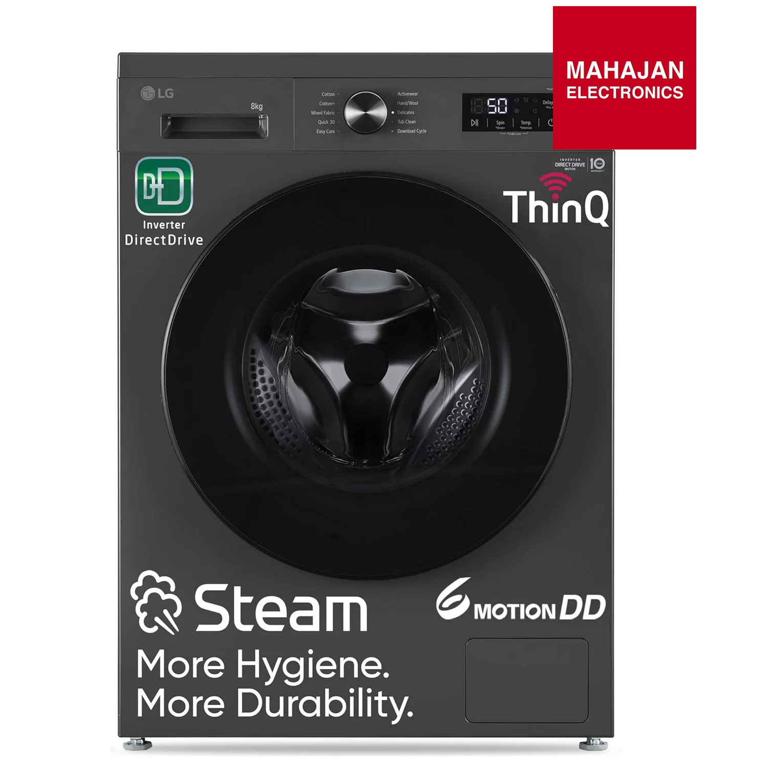 Black washing machine with various branding logos on a white background