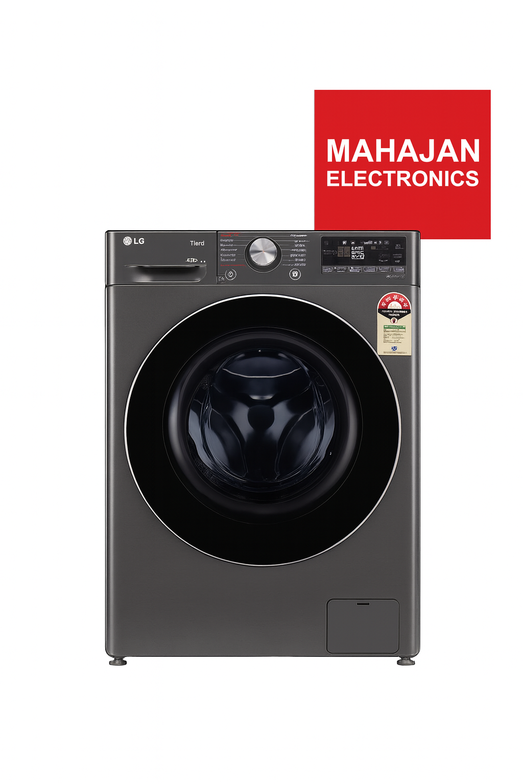 Black LG washing machine with Mahajan Electronics logo on a white background