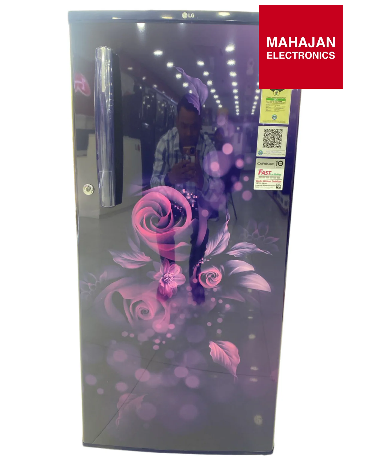 LG refrigerator with floral design on a white background, branded as Mahajan Electronics.