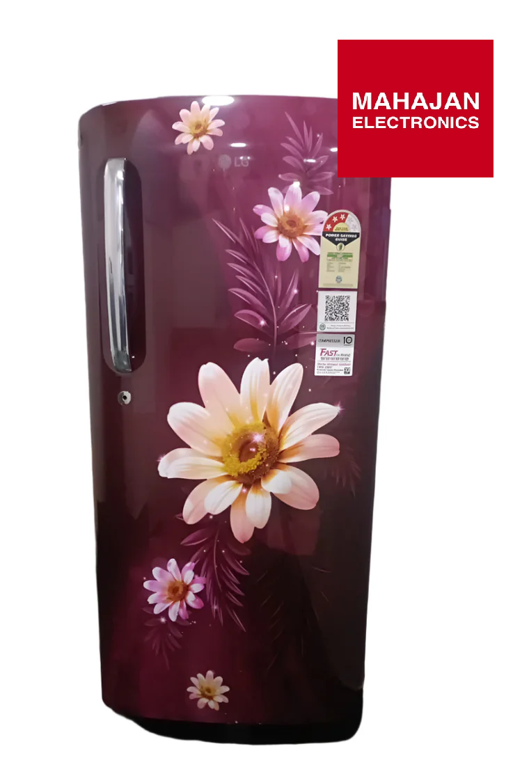 Floral design refrigerator with Mahajan Electronics logo on a white background