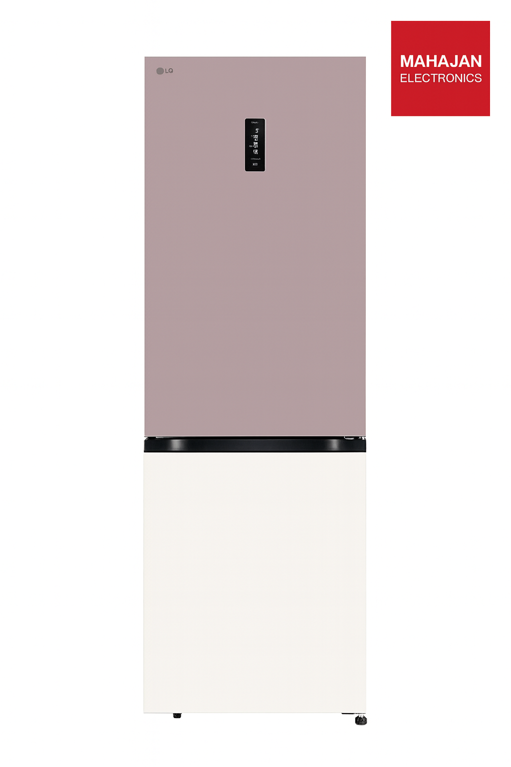 Two-tone refrigerator with Mahajan Electronics logo on a white background