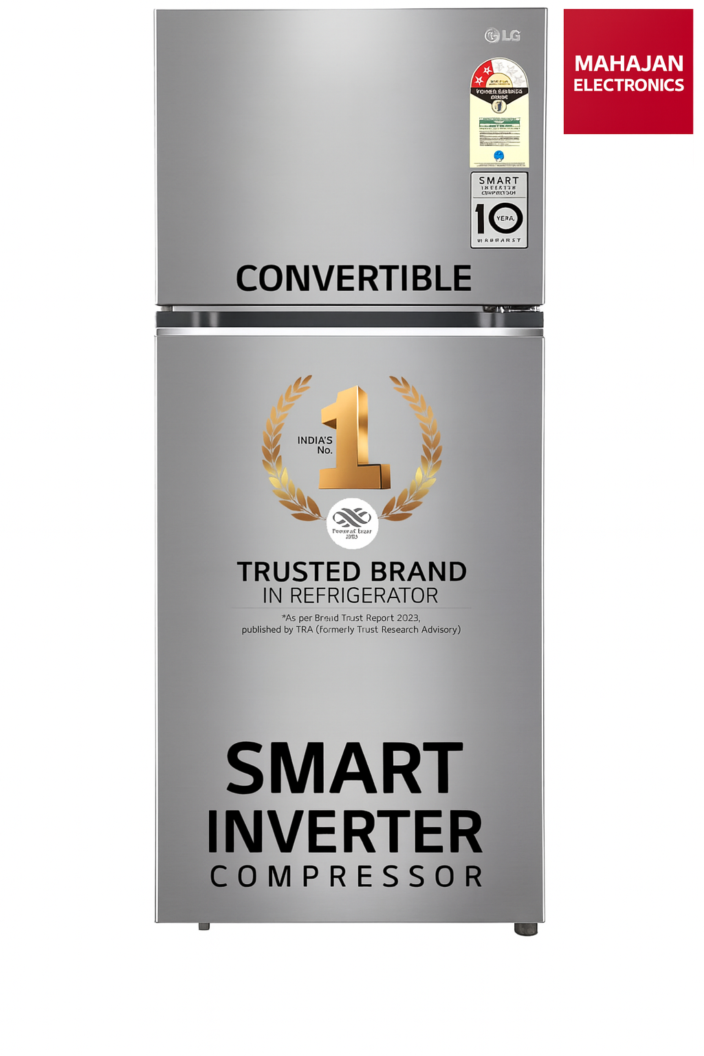 Silver refrigerator with branding and certification logos on a white background