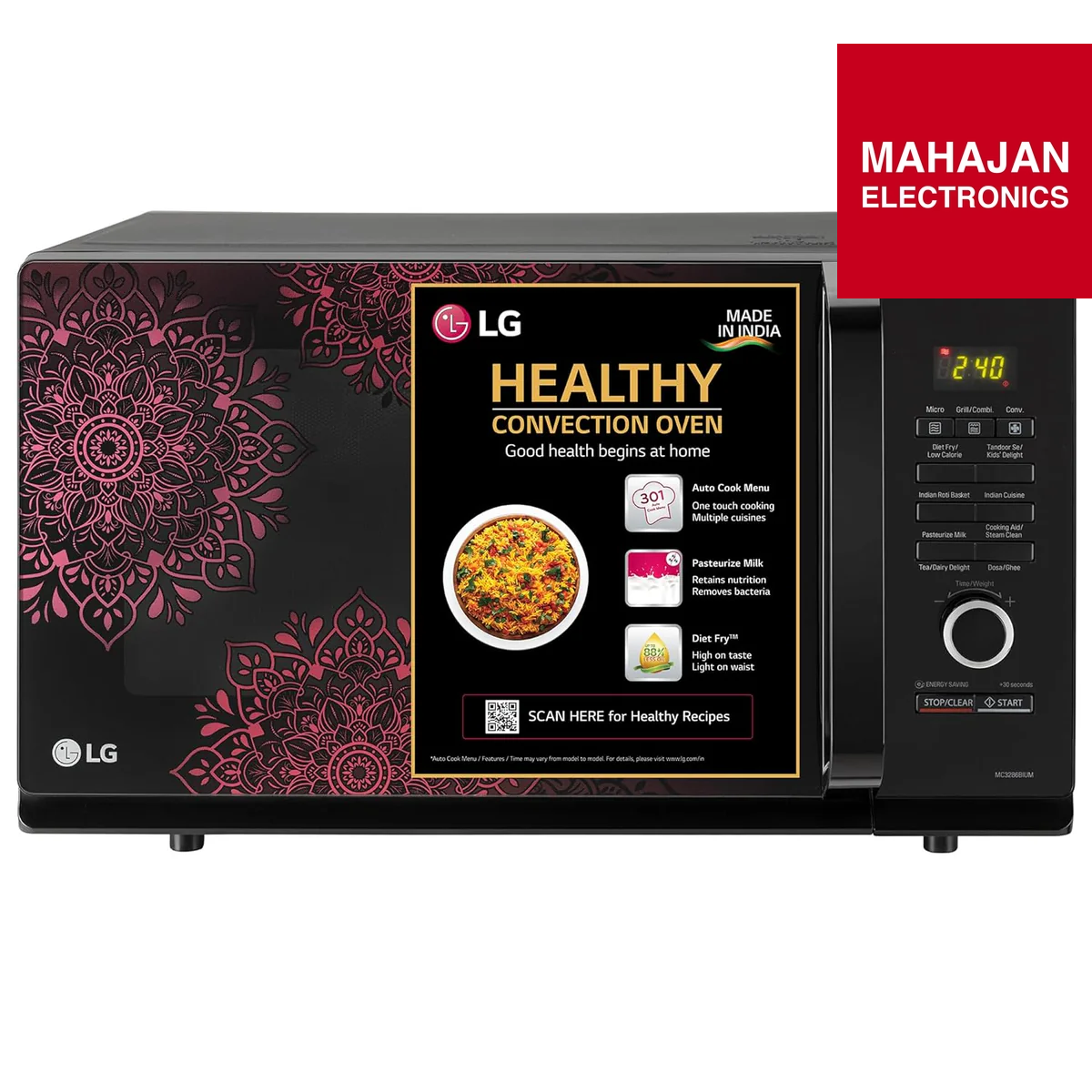 LG healthy convection oven with decorative mandala design on a white background, featuring Mahajan Electronics branding.