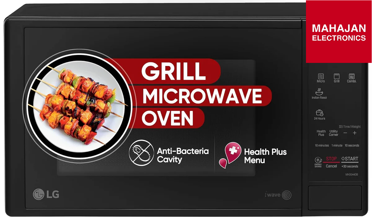 Grill microwave oven with skewers on a plate and LG logo, featuring Mahajan Electronics branding.