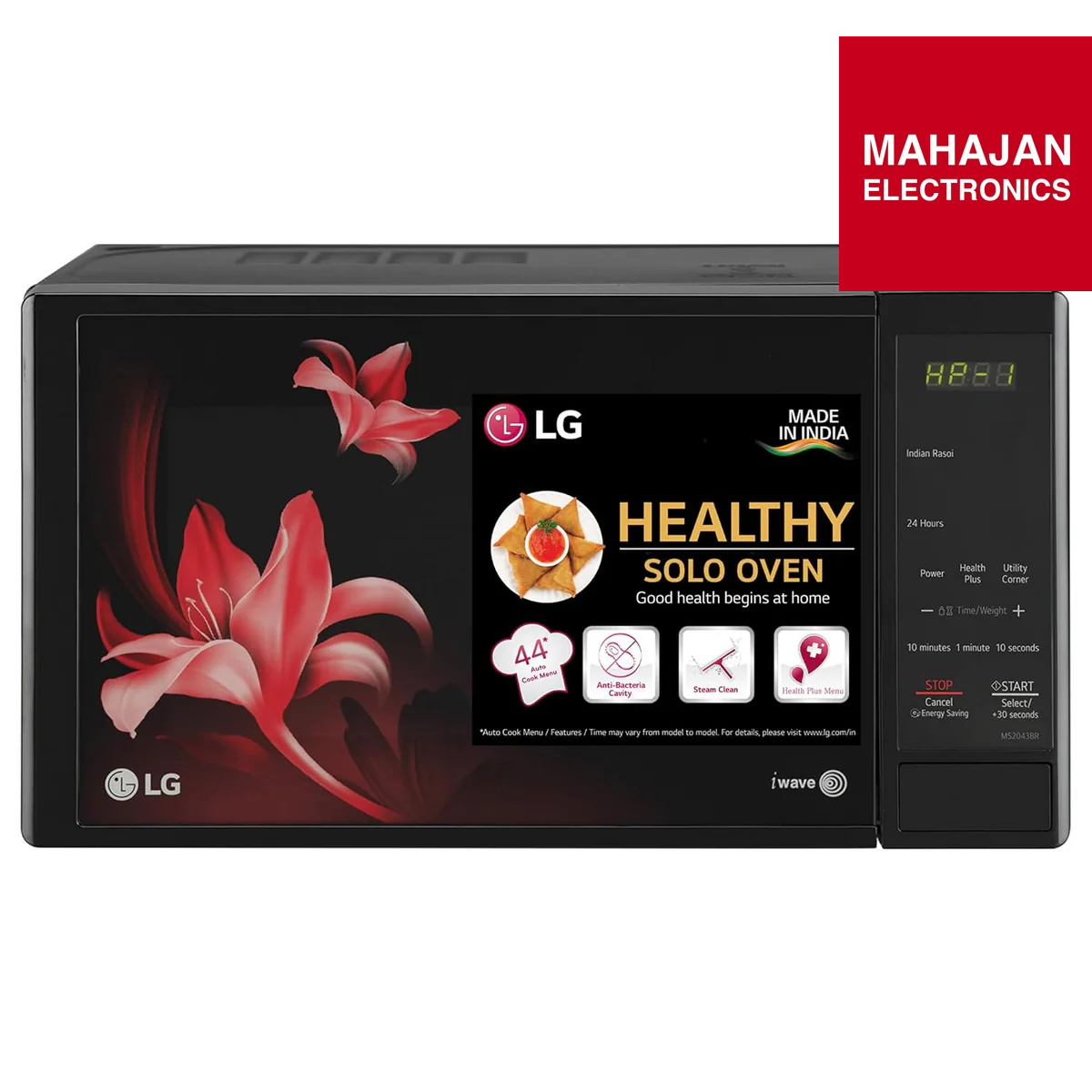 LG microwave oven with floral design on a white background, featuring Mahajan Electronics branding.
