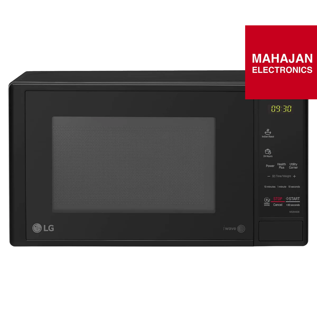 Black microwave oven with digital display on a white background, branded with Mahajan Electronics.