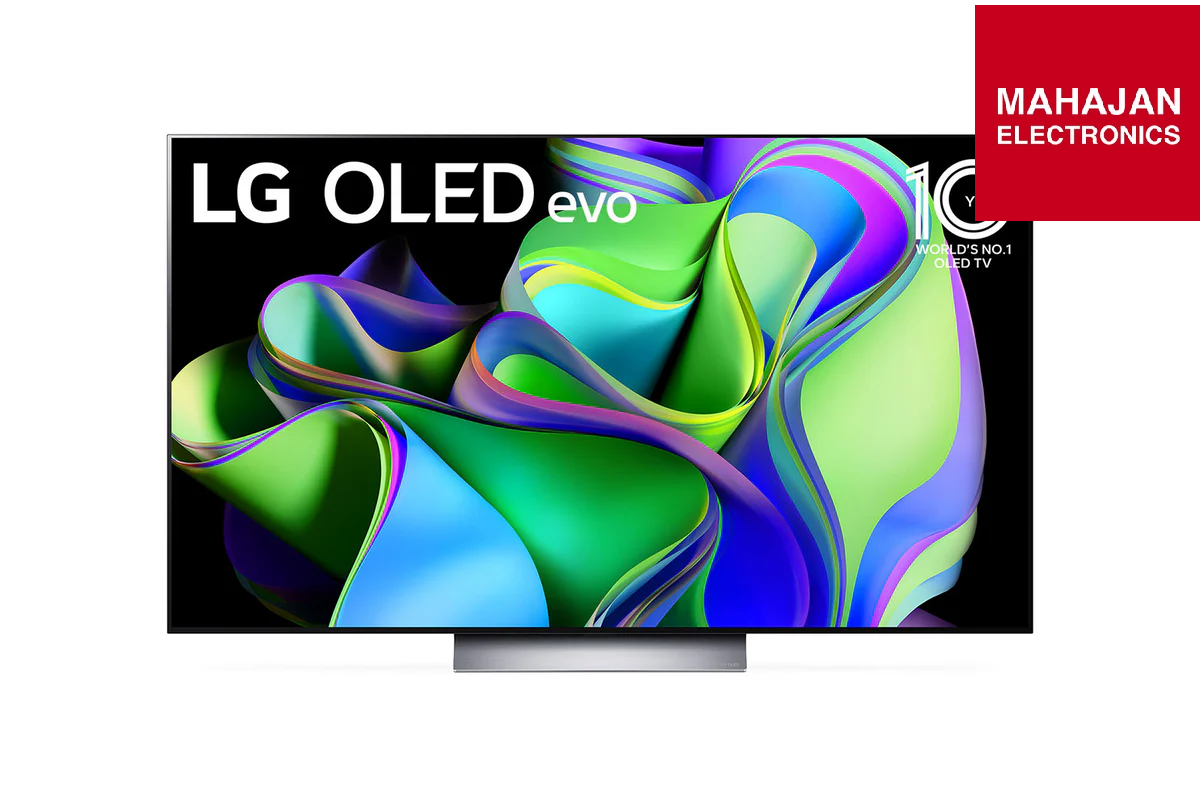 LG OLED evo television with colorful display and Mahajan Electronics logo.
