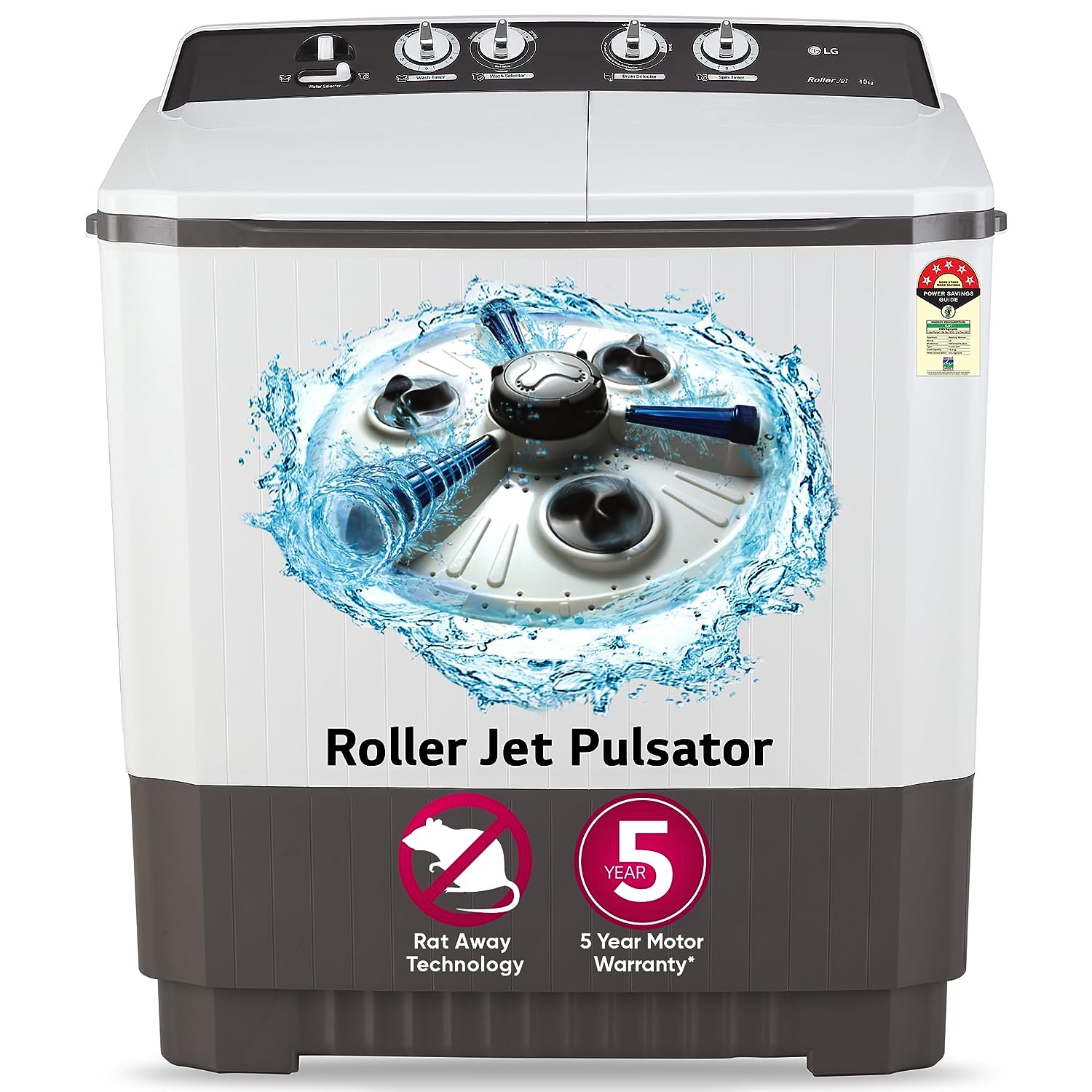 LG P1040RGAZ 10 Kg 5 Star Semi-Automatic Top Load Washing Machine with Roller Jet Pulsator, Collar Scrubber & Rat Away Technology – Dark Gray