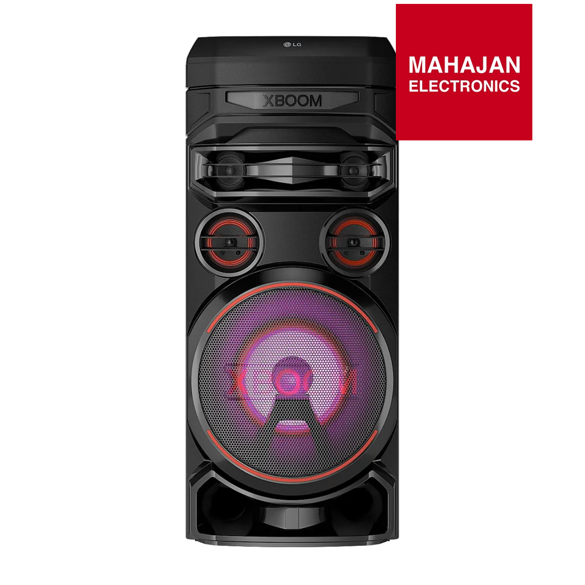 Black LG XBOOM speaker with MAHAJAN ELECTRONICS logo on a white background