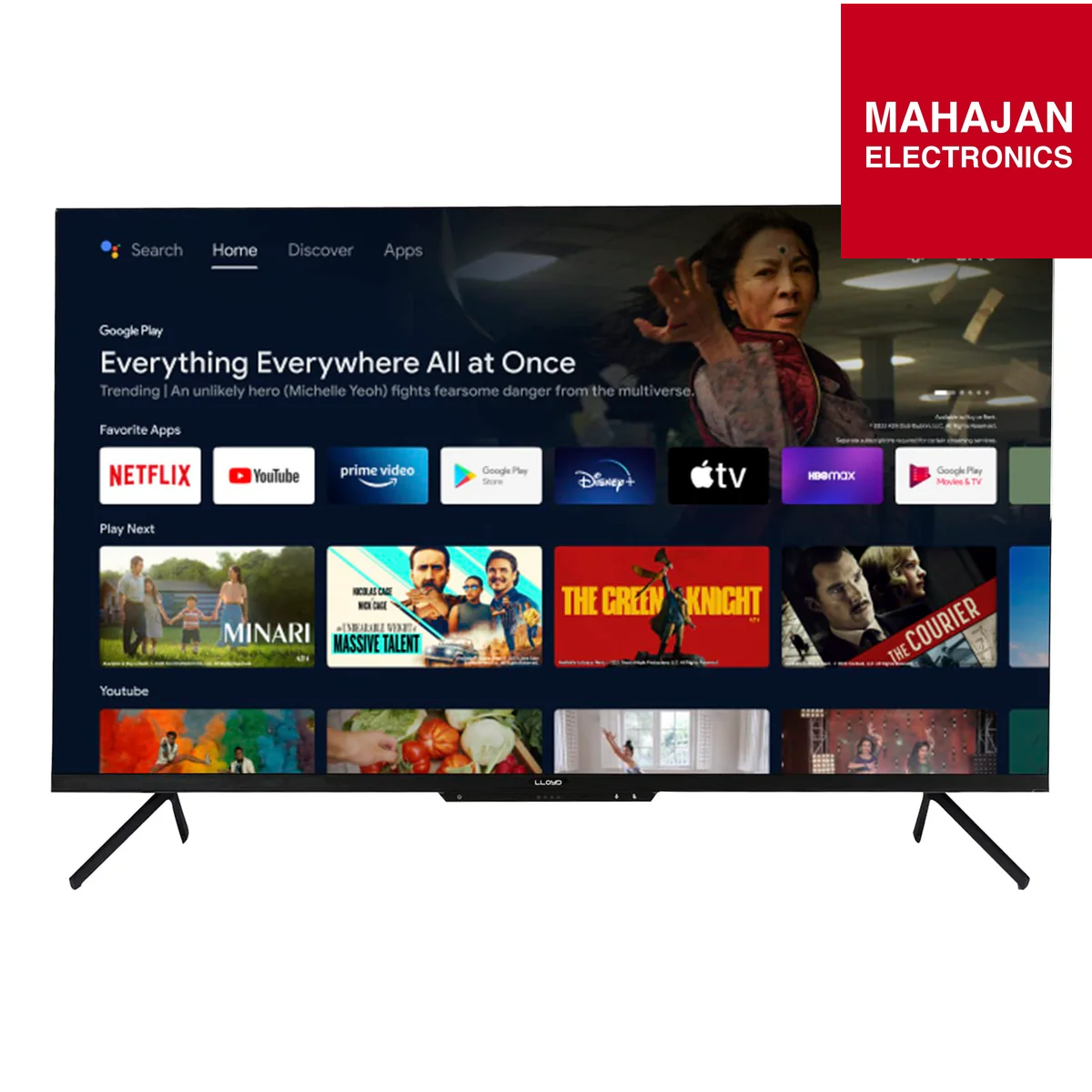 Smart TV displaying streaming apps with Mahajan Electronics logo.