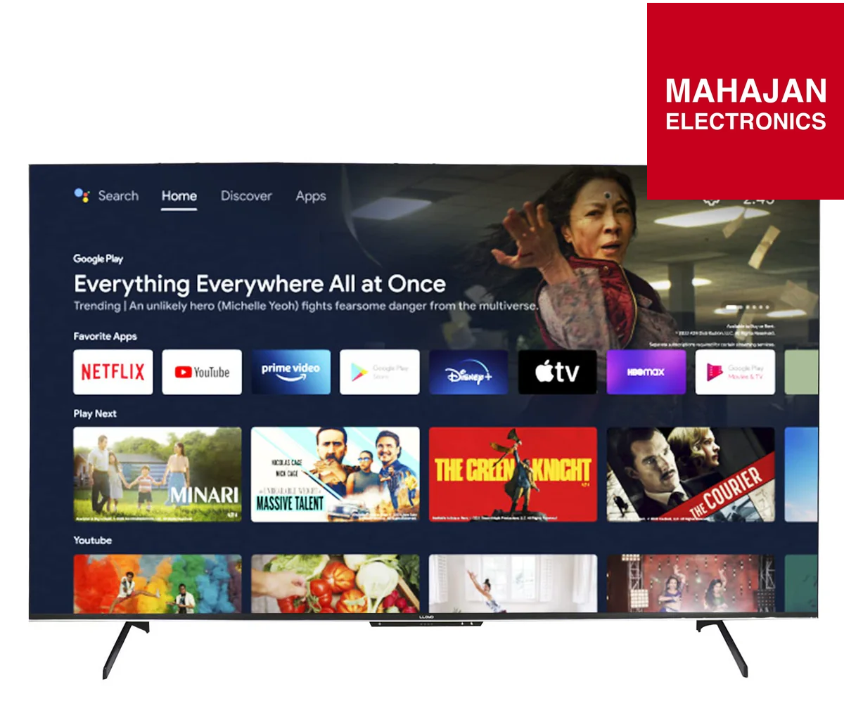 Smart TV displaying streaming app interface with Mahajan Electronics logo.