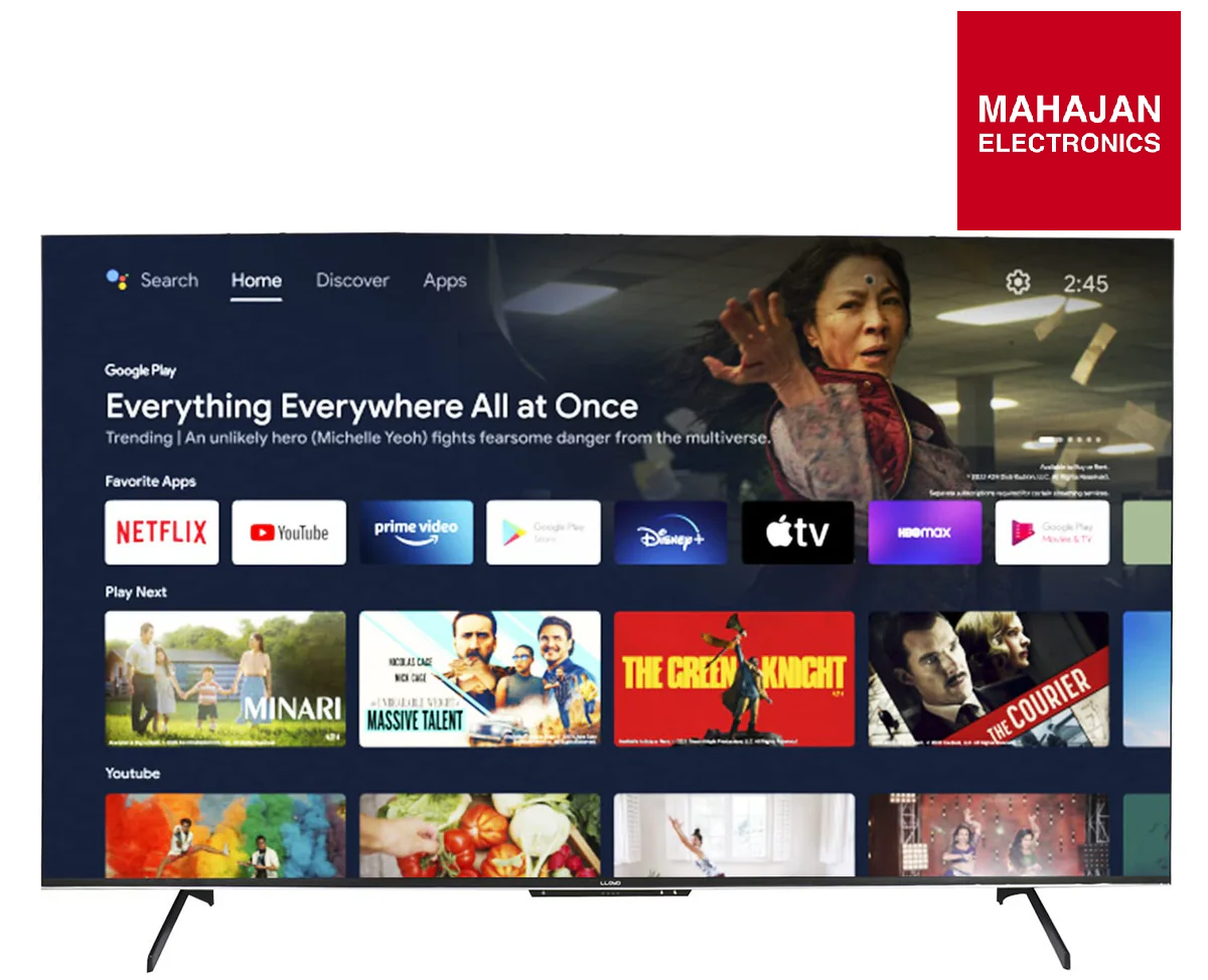 Smart TV displaying streaming app icons with Mahajan Electronics logo.