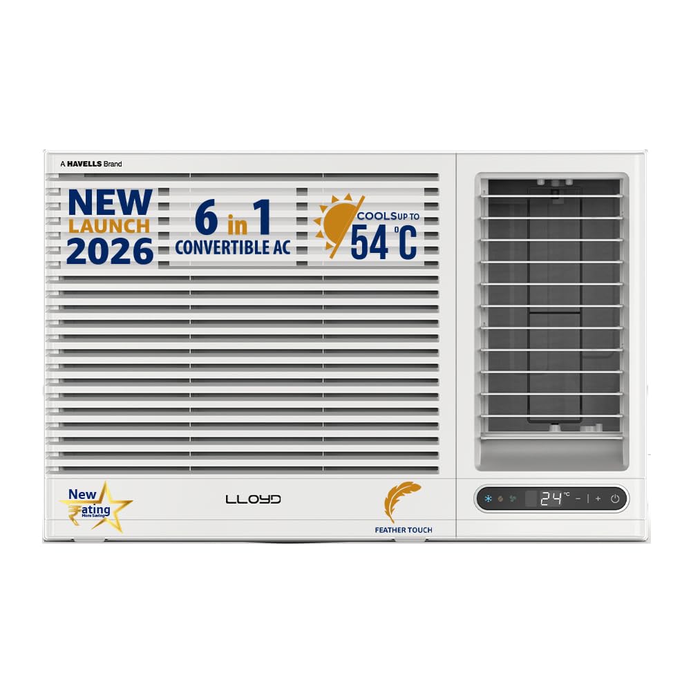 Lloyd GLW18I5AGSPR 1.5 Ton 5 Star Side Throw Inverter Window AC (6 in 1 Convertible, Cools Up To 54°C, Turbo Cool, Feather Touch Control, Remote Control Operation, LED Display, 100% Copper, White,-Online Mahajan Electronics