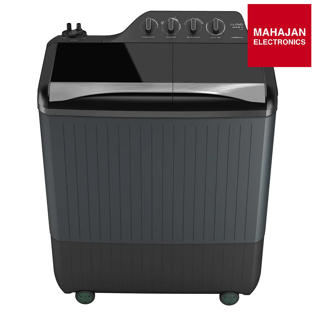 Black washing machine with MAHAJAN ELECTRONICS logo on a white background