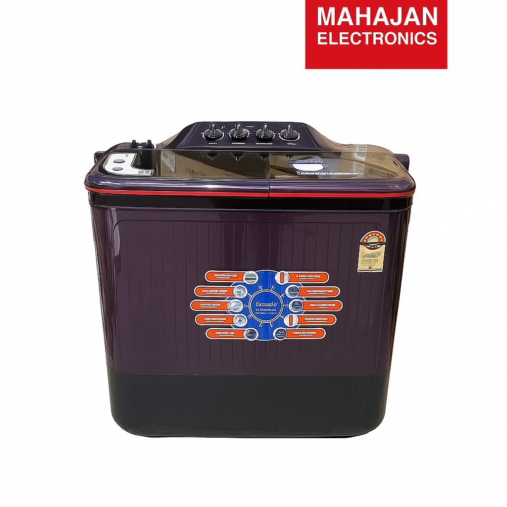 Purple and black washing machine with MAHAJAN ELECTRONICS logo above it on a white background