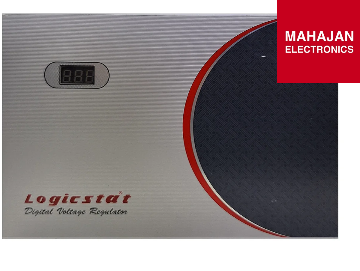 Digital voltage regulator with 'Logicstat' branding and 'Mahajan Electronics' logo.