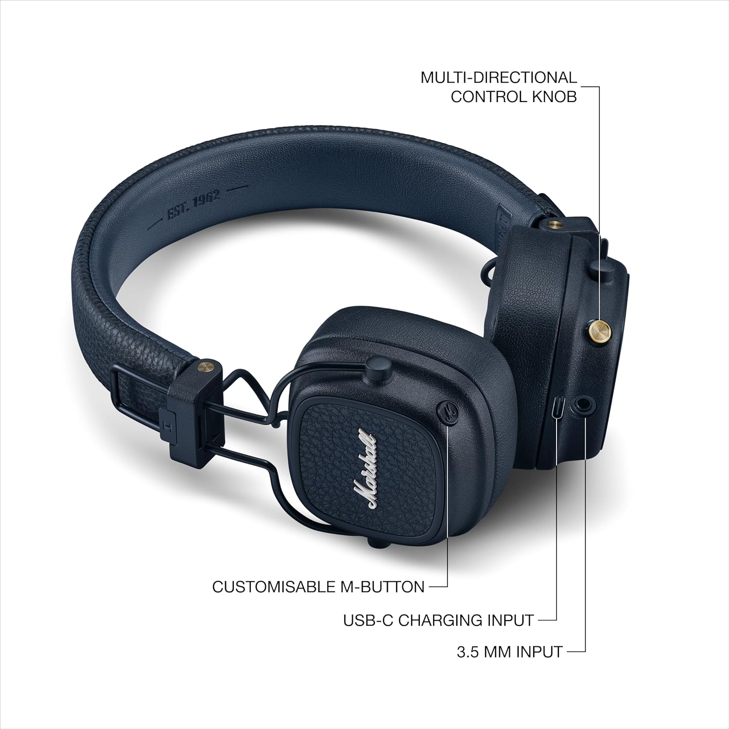 Marshall Major V Wireless On-Ear Headphones (Blue) | 100 + Hours Playtime | Wireless Charging | Bluetooth LE Audio-Online Mahajan Electronics