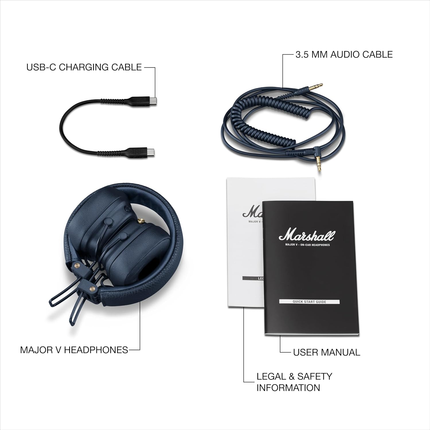 Marshall Major V Wireless On-Ear Headphones (Blue) | 100 + Hours Playtime | Wireless Charging | Bluetooth LE Audio-Online Mahajan Electronics