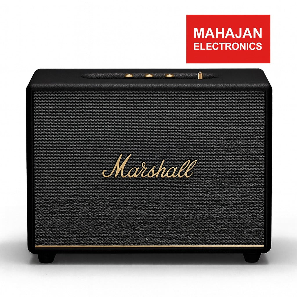 Black Marshall speaker with Mahajan Electronics logo on a white background