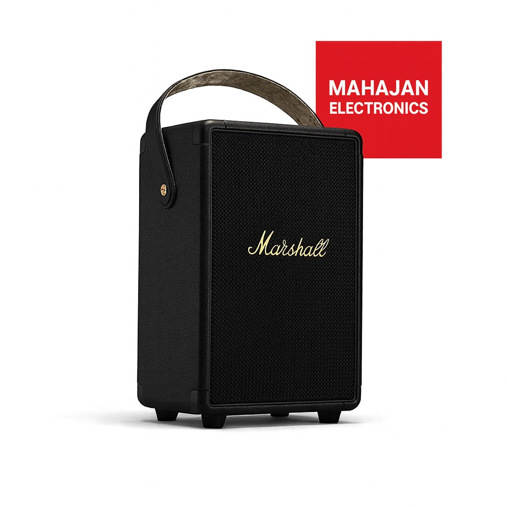 Black Marshall speaker with Mahajan Electronics logo on a white background