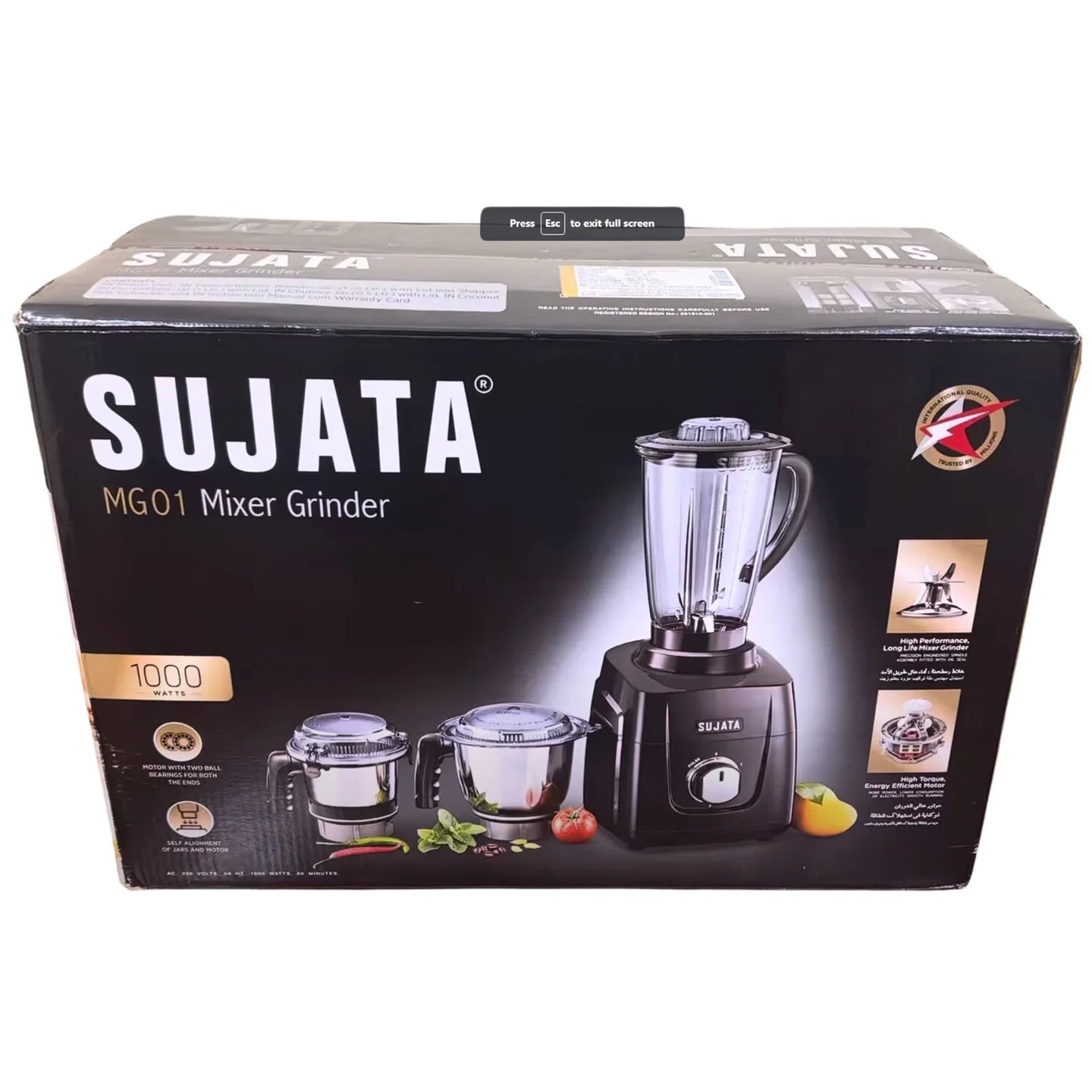 Sujata MG-01 Mixer Grinder, 1000W, 3 Jars (Black)