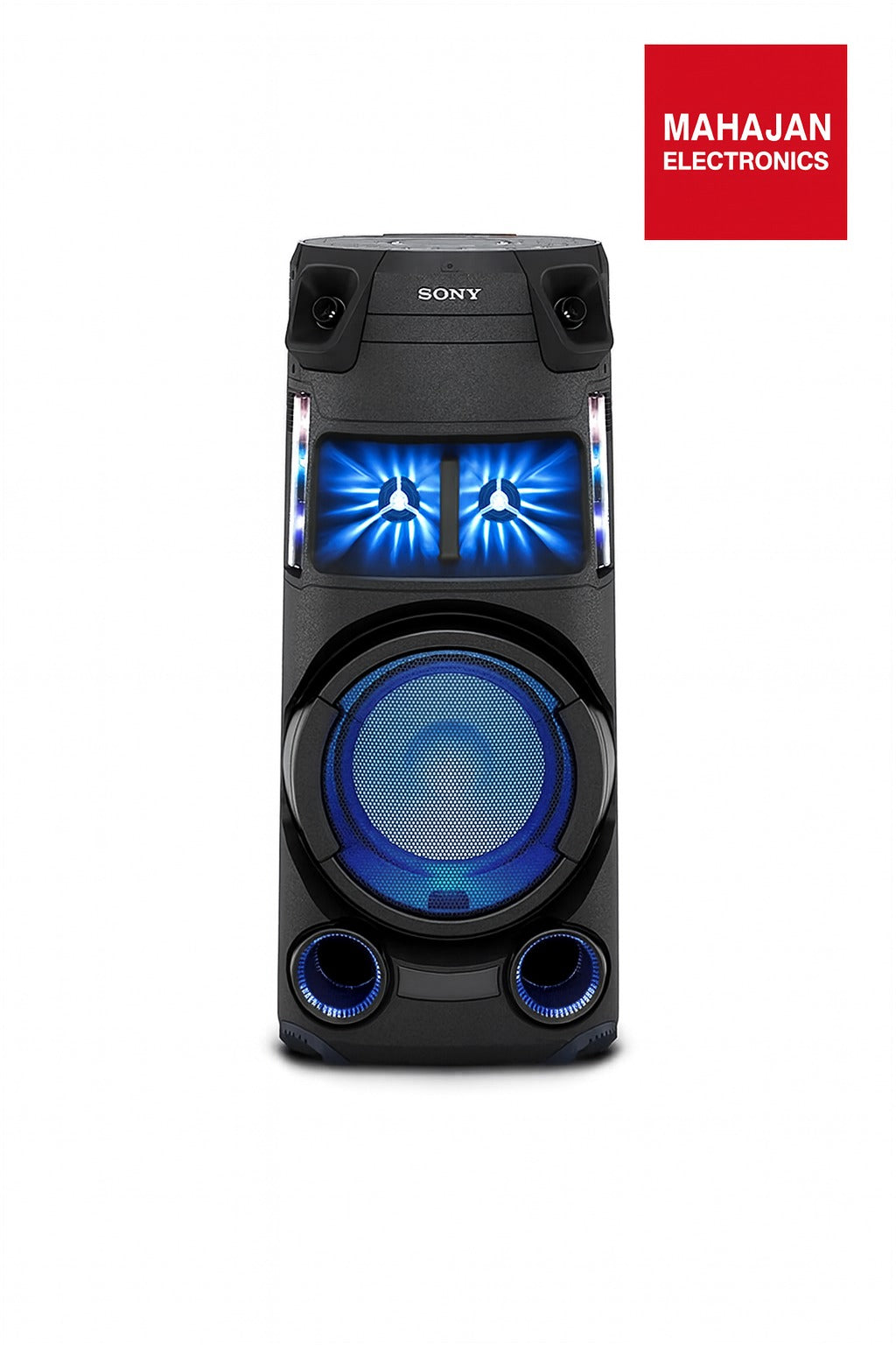 Sony speaker with blue lights on a white background, featuring the Mahajan Electronics logo.