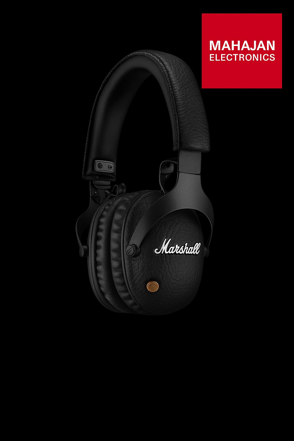 Black Marshall headphones on a black background with Mahajan Electronics logo.