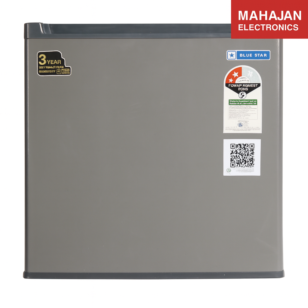 Gray refrigerator with various labels on a white background, featuring the Mahajan Electronics brand.